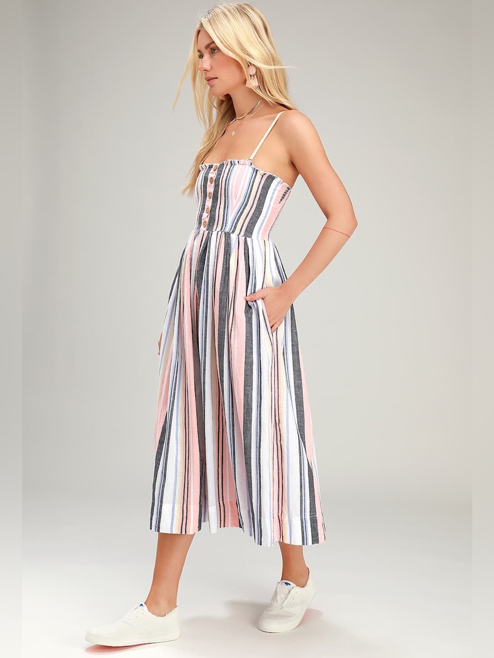 Free People Lilah Multi Striped Pleated Midi Dress Size Medium Bohemian Cotton